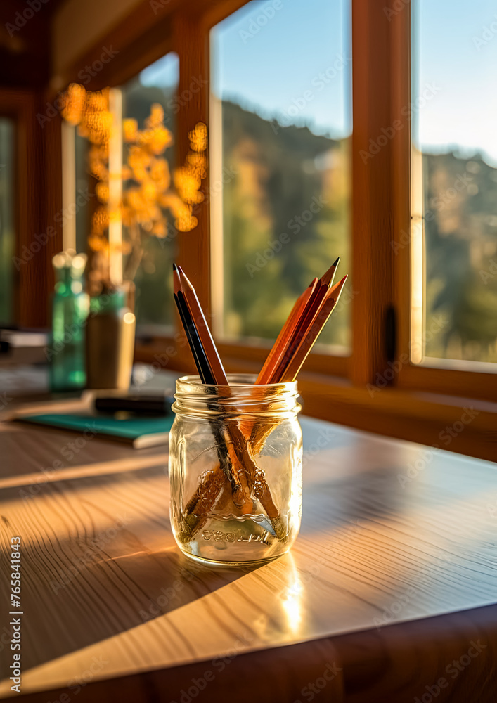 Poster a jar of pencils sits on a table next to a notebook and a pen. the scene is set in a city, with the 