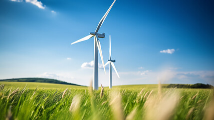 A wind turbine is standing in a field of grass. The sky is blue and there are clouds in the background. Concept of sustainability and peacefulness, as the wind turbine is a symbol of renewable energy