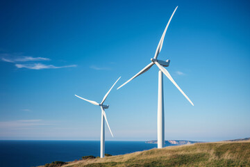 Fototapeta premium Two wind turbines are standing on the shore, renewable energy and sustainability concept