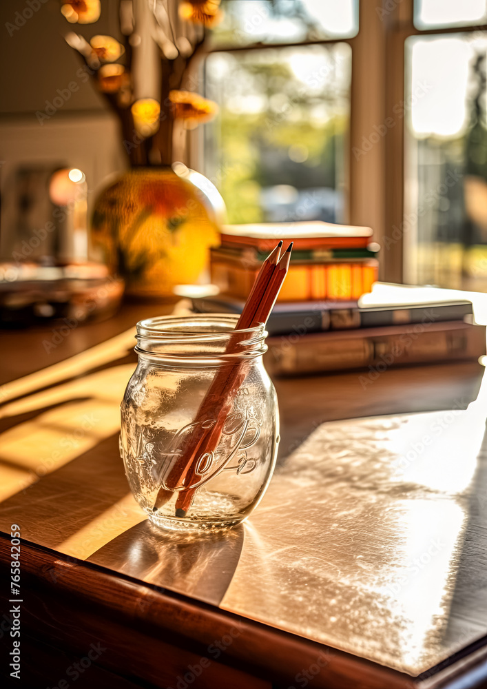 Poster a jar of pencils sits on a table next to a notebook and a pen. the scene is set in a city, with the 