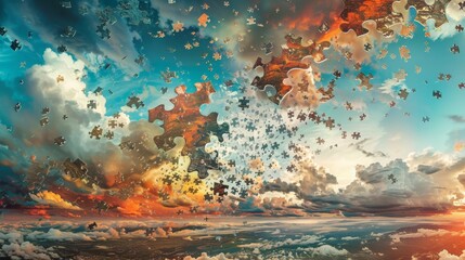 Puzzle: A surreal scene of a puzzle piece floating in the sky - obrazy, fototapety, plakaty