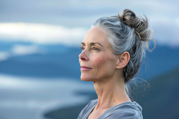 Portrait of a beautiful senior woman looking away while standing on top of mountain
