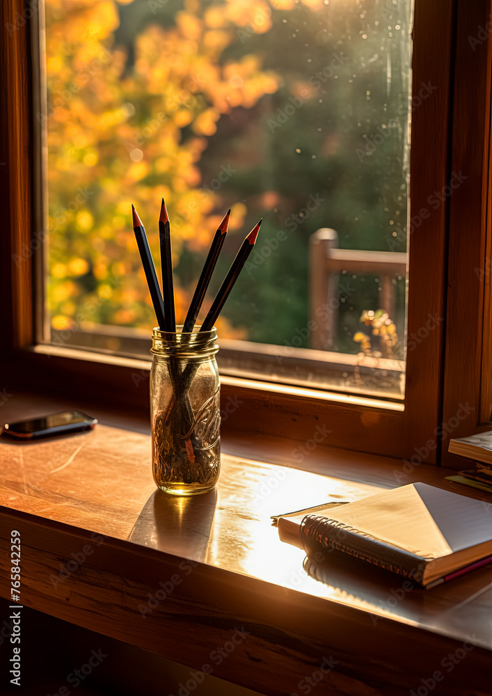 Poster a jar of pencils sits on a table next to a notebook and a pen. the scene is set in a city, with the 