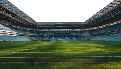 Empty football stadium at daytime on white transparent background