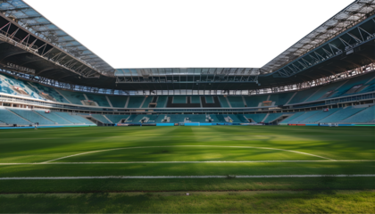 Empty football stadium at daytime on white transparent background