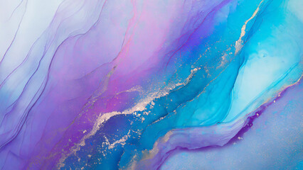 Abstract blue and violet liquid marble texture background. Translucent alcohol ink colors and acrylic paints. For background, invitation, wallpaper. Modern fluid art.