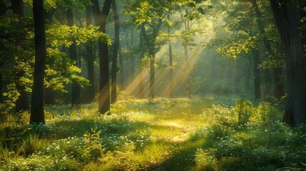 The environment: A peaceful forest glade bathed in sunlight - obrazy, fototapety, plakaty