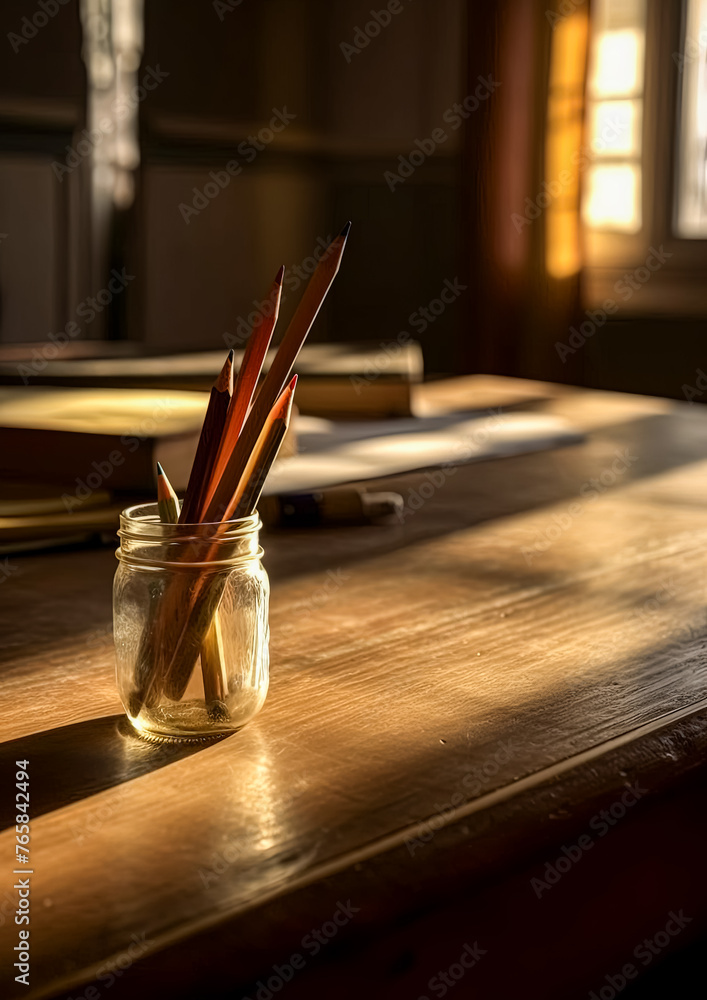 Poster a jar of pencils sits on a table next to a notebook and a pen. the scene is set in a city, with the 