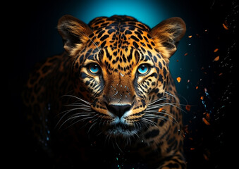 A leopard looks into the camera with piercing blue eyes,highlighted by a dark,moody background.Water drops can be seen on his fur,and orange particles are dynamically scattered around his face.AI gene
