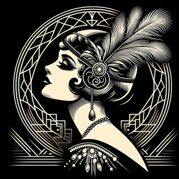 Flapper girl holding cocktail glass with splash. Art deco, 1920 s style vintage invitation template design for drink list, bar menu, glamour event, wedding, jazz party flyer. Vector art.