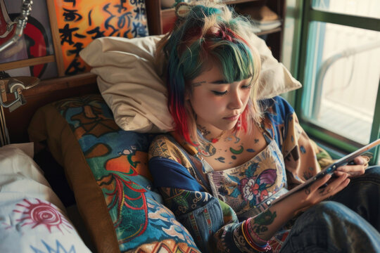 young beautiful hipster woman with bright dyed hair using tablet computer in the city
