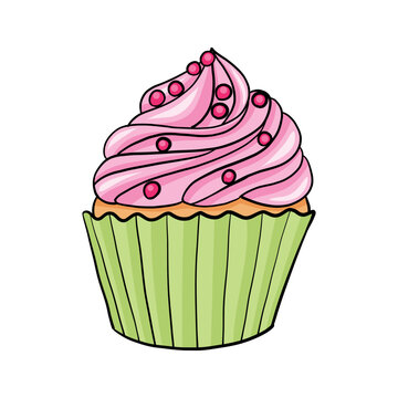 Cute cupcake with pink cream. Hand drawn style. Capcake with decoration.