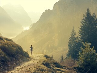 Woman jogging on a mountain trail with scenic valley views in the background, tranquil morning light
Concept: tranquility, fitness, nature