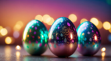Holographic metallic painted Easter eggs on gradient background with copy space, pastel colorful Easter banner eggs on table with bokeh lights in the pastel background

