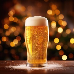 A glass of beer with frothy head sits on a wooden table in front of a blurred background