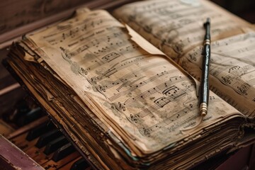 A sheet of music is open to a page with a lot of notes and markings - obrazy, fototapety, plakaty
