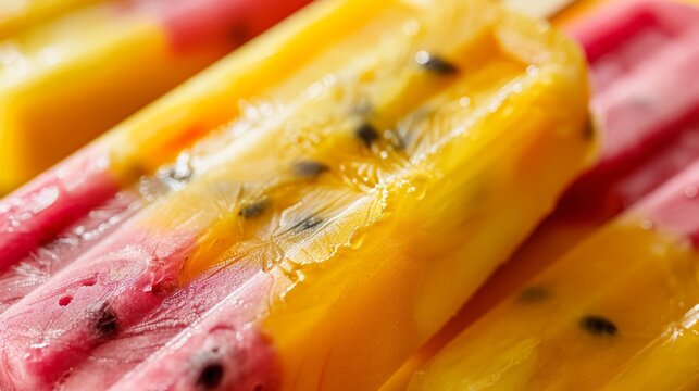A close-up of a tropical popsicle, layered with vibrant colors suggesting mango, pineapple, and passionfruit