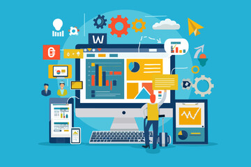 Dynamic Web Development and Design Concept: Coding, SEO, and Creative Web Design for Digital Marketing and Business Growth, Illustrated with Engaging Characters and Interactive Elements.