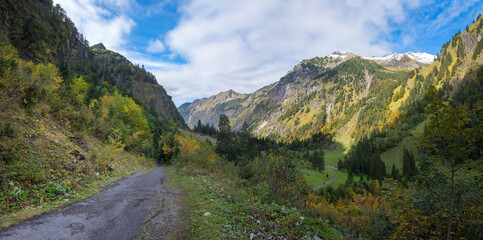 Oytal valley with colorful trees in autumn, landscape near Oberstdorf, allgau alps