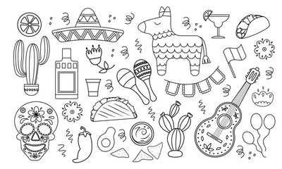 Cinco de Mayo celebration doodle set. Traditional mexican decoration. Hand drawn