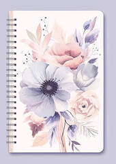 A floral notebook with pink, purple, and blue flowers. The flowers are arranged in a way that creates a sense of harmony and balance. The notebook is made of a soft. The cover is white