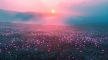 Schilderijen op glas Misty Sunrise over a Field of Pink Wildflowers A serene sunrise enveloped in mist casts a soft glow over a sprawling field of delicate pink wildflowers. © Suppachet
