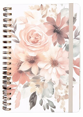 A floral notebook with pink, purple, and blue flowers. The flowers are arranged in a way that creates a sense of harmony and balance. The notebook is made of a soft. The cover is white