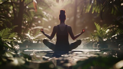 A woman in a peaceful yoga pose amidst a sunlit forest, with a serene atmosphere and bokeh effect
Concept: wellbeing, peace, nature, meditation, tranquility, blur, soft light