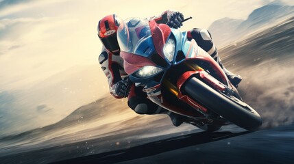 A dynamic image of a motorcyclist in full gear racing on a sports bike with a sense of speed and...