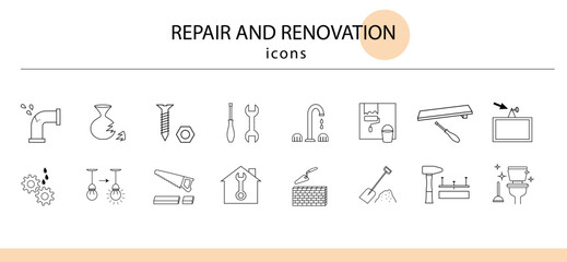 repair and renovation icons, construction icons, tool icons, house icons, handyman, extended icons