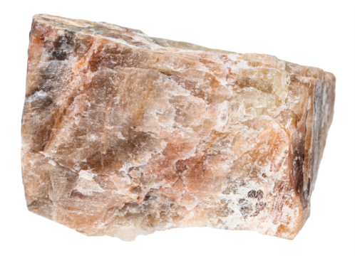 close up of sample of natural stone from geological collection - raw nepheline mineral isolated on white background from Kurochkin Log deposit, Southern Urals