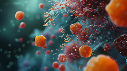 Abstract viral infection, 3d render of virus particles replicating, representing a concept of viral spread and infection - obrazy, fototapety, plakaty