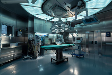 An empty, modern operating room is depicted with a surgical table at the center, surrounded by advanced medical equipment, overhead surgical lights, and monitors