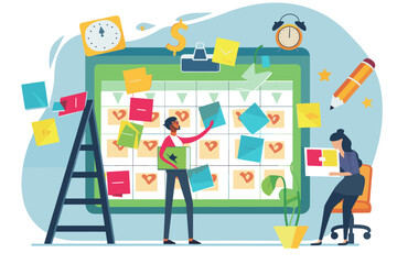 Efficient Business Planning and Scheduling Concept, Vector Illustration of a Dynamic Team Organizing Events and Meetings Using a Digital Calendar, Highlighting Collaboration, Time Management, and Prod