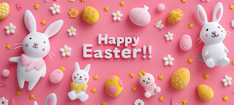 Happy Easter Greeting Card with words "Happy Easter!", easter eggs, rabbits, flowers in pink barbi colors. Happy Easter Messages. Happy Easter Cards & Greetings.