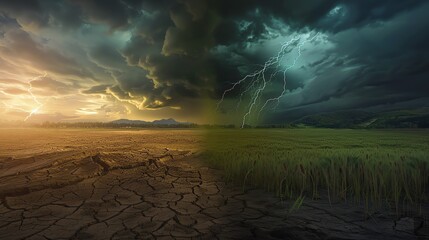 An illustration of a powerful contrast of green to dry and barren, dry vs green field, the future of climate change, statement piece, A doomsday ambience - obrazy, fototapety, plakaty