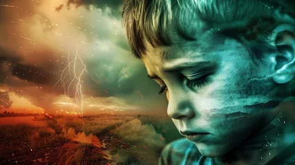 Fotobehang Double exposure of a close up of a little boy looking sad, powerful contrast of green to dry and barren, dry vs green field, the future of climate change, statement piece, A doomsday ambience © Face Off Design