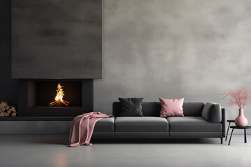 Modern living room interior with fireplace, sofa, and pink accents. 3d render