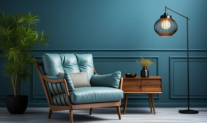 Blue living room interior with a cozy, luxurious armchair. This is a 3D rendering.