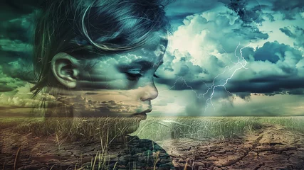 Fotobehang Double exposure of a close up of a little girl looking sad, powerful contrast of green to dry and barren, dry vs green field, the future of climate change, statement piece, A doomsday ambience © Face Off Design