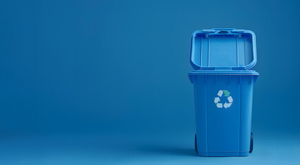 blue dustbin specifically designated for recycling paper trash, isolated on a serene blue background, highlighting the importance of paper recycling and waste management practices, copy space