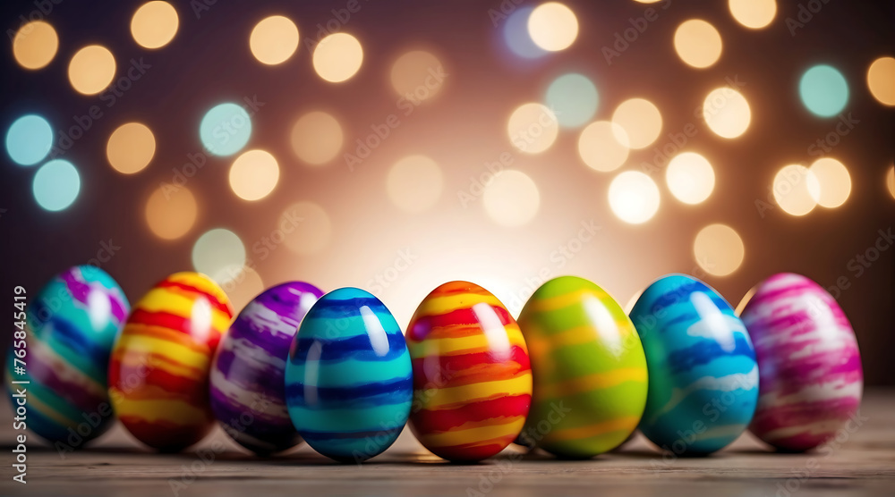 Poster set collection of colorful painted striped easter eggs on table with bokeh lights in background