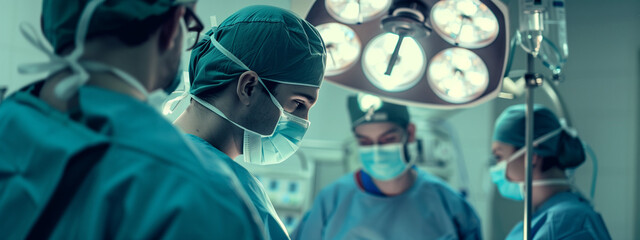 group of medical professionals in action in an operating room