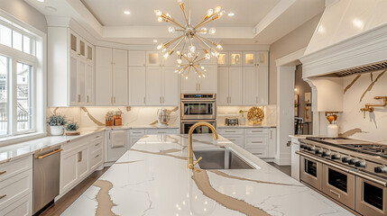 Grandeur in the Kitchen: Stainless Steel Sophistication with Marble Bliss
 - obrazy, fototapety, plakaty