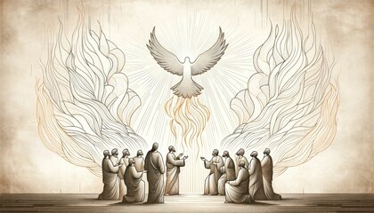 Pentecost. The descent of the Holy Spirit on the Apostles. Digital illustration.