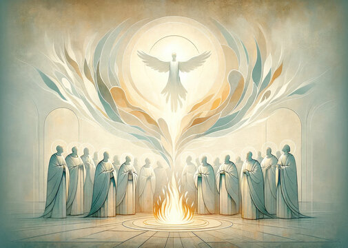Pentecost. The descent of the Holy Spirit on the Apostles. Digital illustration.