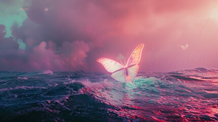 a glowing butterfly middle of a stormy ocean with a light pink sky - obrazy, fototapety, plakaty