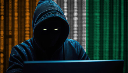 Hacker in a dark hoodie sitting in front of a monitors with Cote d'Ivoire flag and background cyber security concept