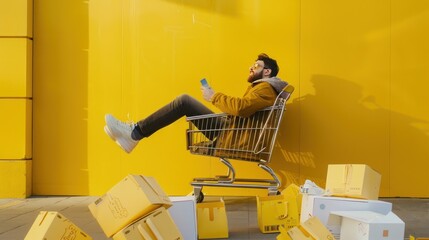 man sitting in shopping trolley and box on yellow background - obrazy, fototapety, plakaty