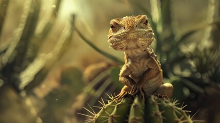 a lizard standing on a cactus on desert